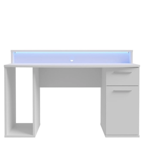 Białe biurko 140x65 cm z oświetleniem RGB i nadstawką na monitor